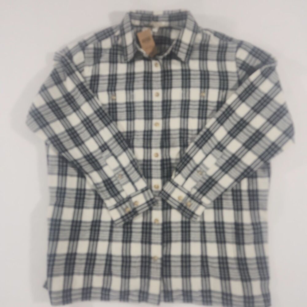 Duluth Trading Co Mens 1X Navy Blue Olive Plaid Free Swingin Flannel Shirt 52007